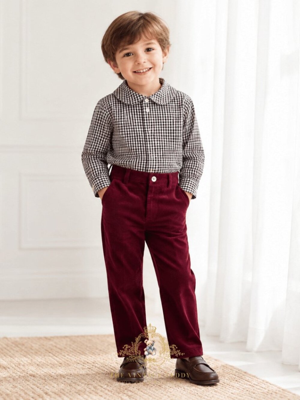NWT Handsome Boys Long Sleeve Dress Shirt & Pants Fall Gingham Burgundy/Navy 4T - Picture 1 of 6